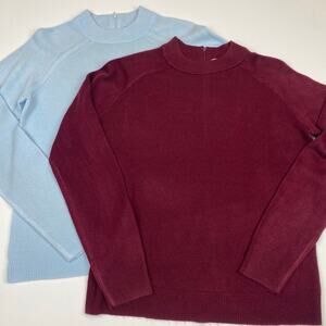 Karen Scott Soft Thin Zippered Back Knit Sweater Bundle Mock Neck Maroon Blue